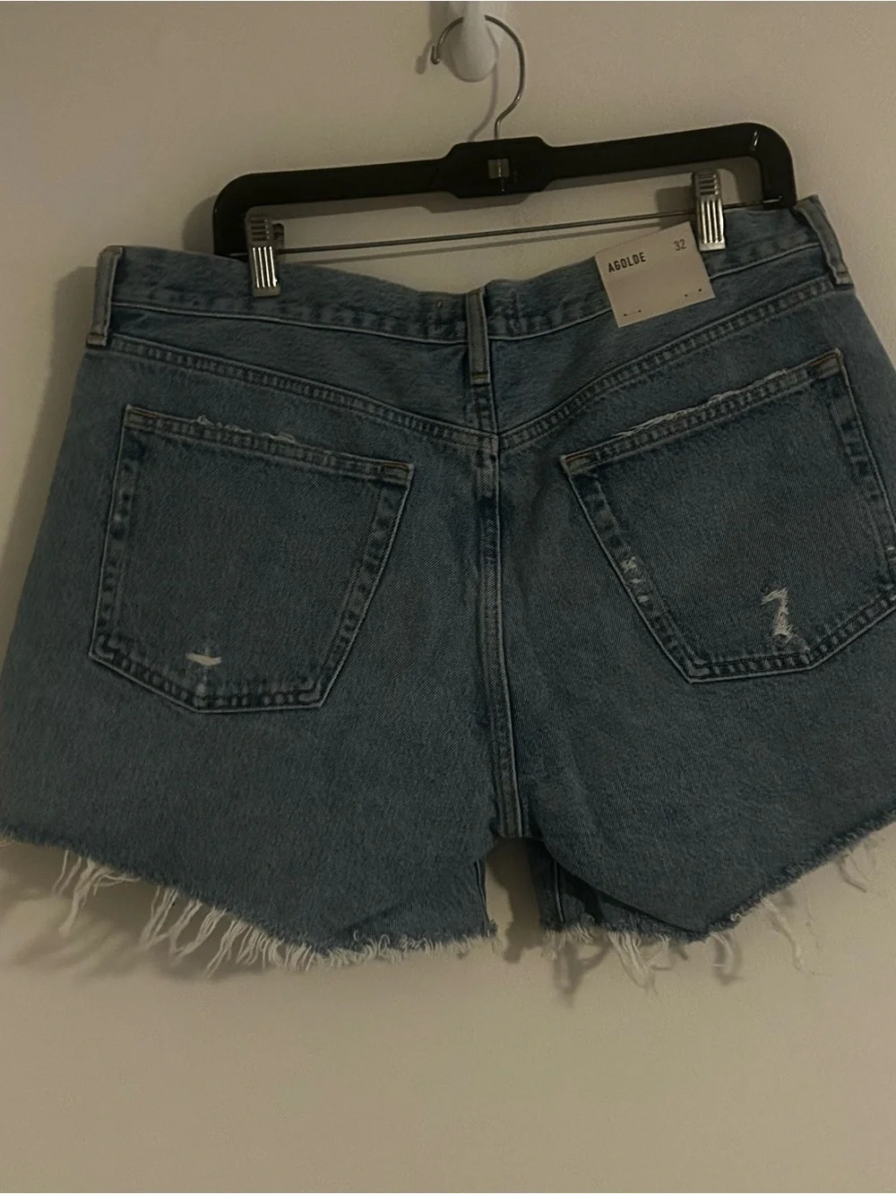 Agolde Parker Long Denim Shorts  Blue Raw Hem  Swapmeet Button Fly Size 32 NWT
